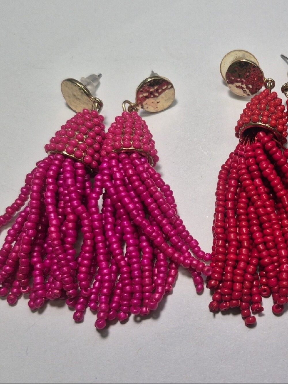 2 Pairs Beaded Tassel Earrings - Pink and Red Gold Tone